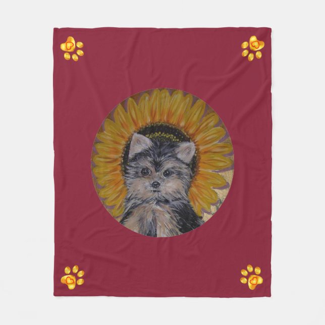 Niedlicher Hund, Sonnenblumen und Goldpfeifen Fleecedecke (Vorderseite)