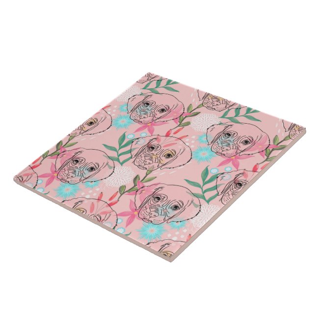 Niedlicher Hund und Blume Pink Creative Art Fliese (Seite)
