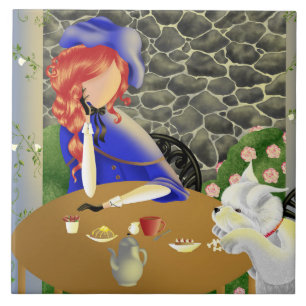 Niedlicher Hund und Dame im Café bei Sonnenunterga Fliese