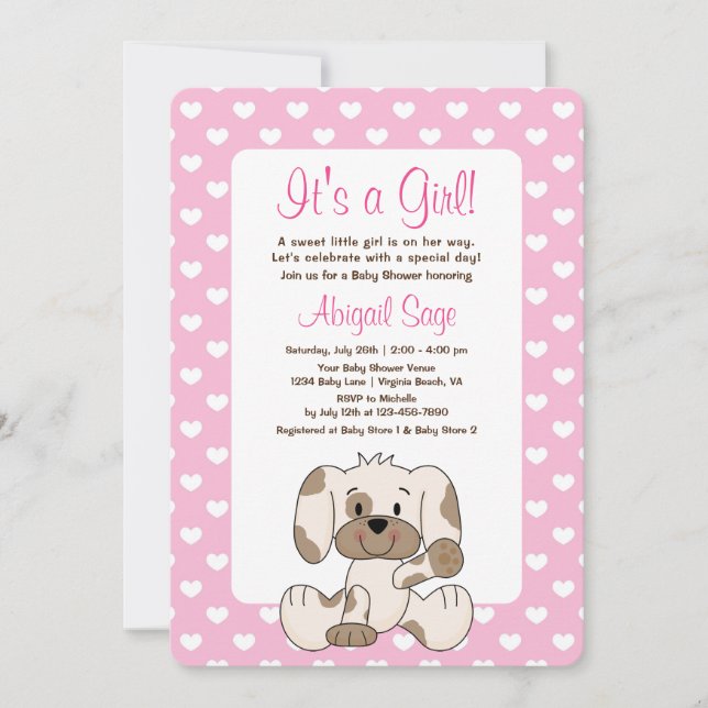 Niedlicher Hund und Herz Pink Baby Dusche Einladung (Vorderseite)