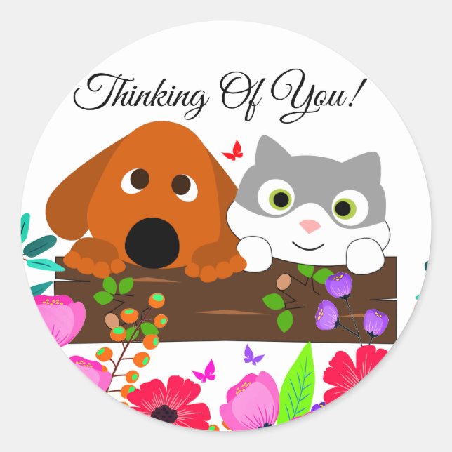 Niedlicher Hund und Katze mit Blume und Schmetterl Runder Aufkleber (Vorderseite)