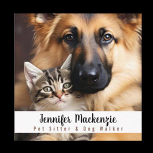 Niedlicher Hund und Katzen Sitzplatz und Laufsteg Quadratische Visitenkarte