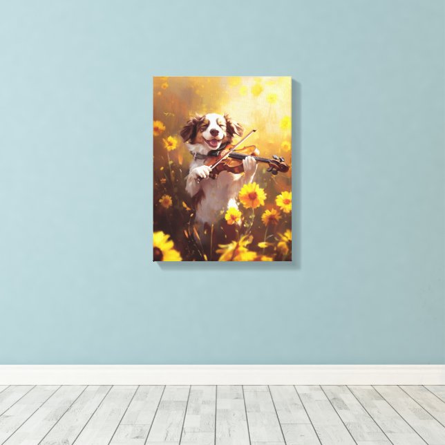 Niedlicher Hund Violine spielen Leinwanddruck (Insitu (Holzboden))