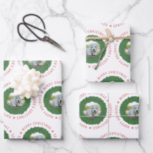 Niedlicher Hund Weihnachtskranz Custom Pet Foto Geschenkpapier Set
