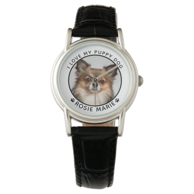 Niedlicher Hunde Foto Name Paw Prints Personalisie Armbanduhr (Vorderseite)