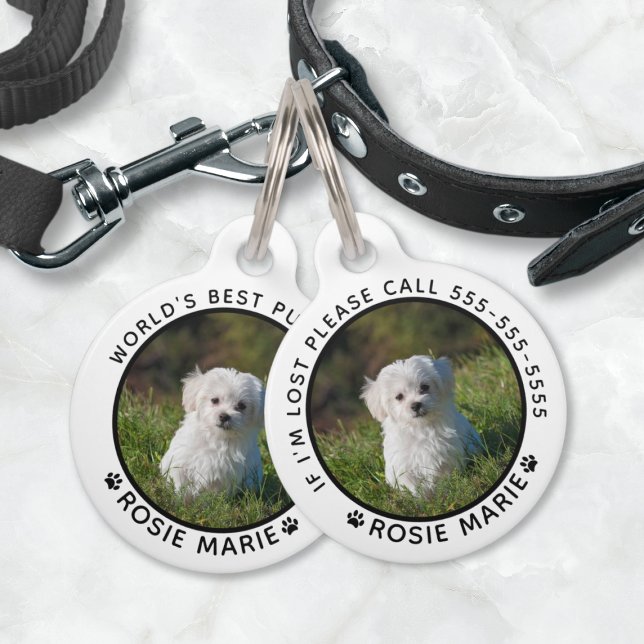 Niedlicher Hunde Foto Name Paw Prints Personalisie Haustiermarke (Cute Dog Photo Name Paw Prints Personalized Pet ID Tag (front and back))