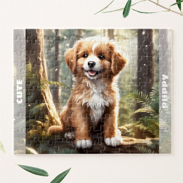 Niedlicher Hundeschwalbe Welpenwald Individuelle N (Cute Dog Watercolor Puppy Forest Custom Name Jigsaw Puzzle)