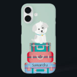 Niedlicher Hundesitz auf Koteletten Personalisiert iPhone 16 Hülle<br><div class="desc">Adorabler Hund saß auf Koffern.</div>