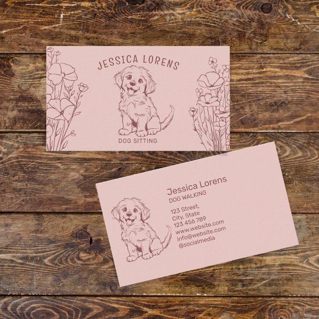 Niedlicher Hundesitz, Haustier-Groomer, Tierarzt,  Visitenkarte (cute puppy with flowers)