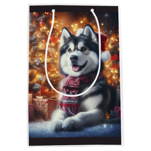 Niedlicher Husky Dog Pet in der Weihnachtslandscha Mittlere Geschenktüte (Vorderseite)