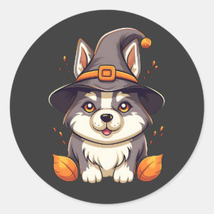 Niedlicher Husky-Hund in einem Hexenhutehund Runder Aufkleber