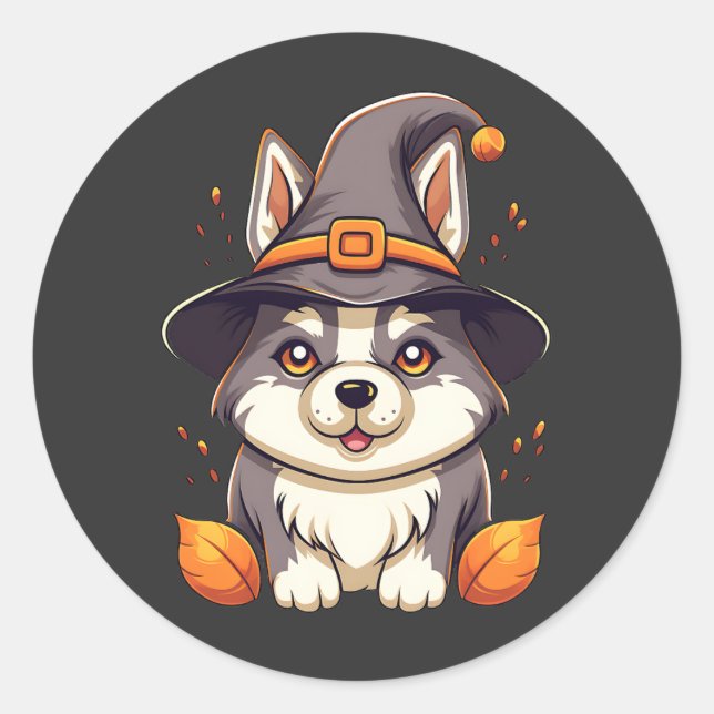 Niedlicher Husky-Hund in einem Hexenhutehund Runder Aufkleber (Vorderseite)