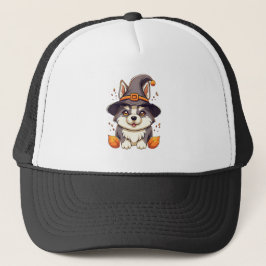 Niedlicher Husky-Hund in einem Hexenhutehund Truckerkappe