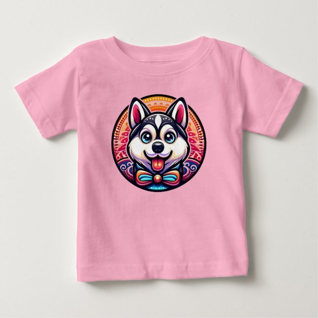 Niedlicher Husky Illustriert in Mandala Style Baby T-shirt (Vorderseite)