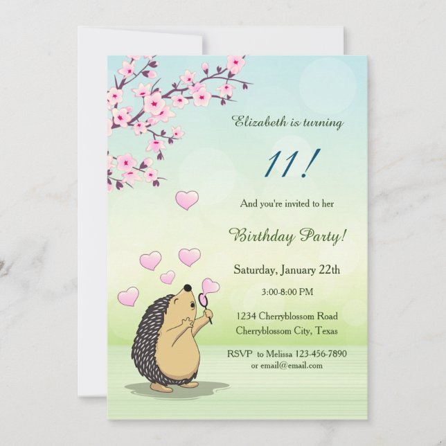 Niedlicher Igel Cherry Blossom Girl's Birthday Einladung (Vorderseite)