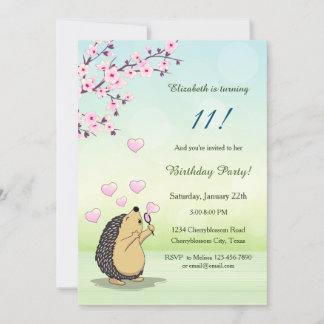 Niedlicher Igel Cherry Blossom Girl's Birthday Einladung