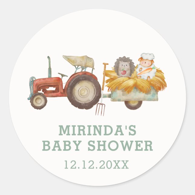 Niedlicher Igel Farm Traktor Babydusche Runder Aufkleber (Vorderseite)