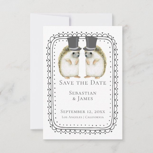 Niedlicher Igel Gay Couple Wedding Save the Date (Vorderseite)