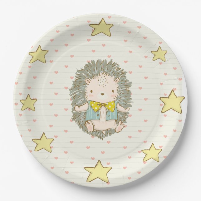Niedlicher Igel Herz-Sterne Kinderdusche Pappteller (Vorderseite)