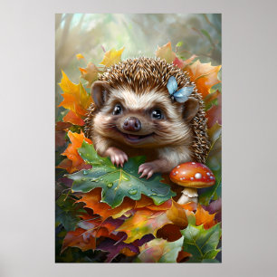 Niedlicher Igel im Herbstbereich - Holzkunst Poster