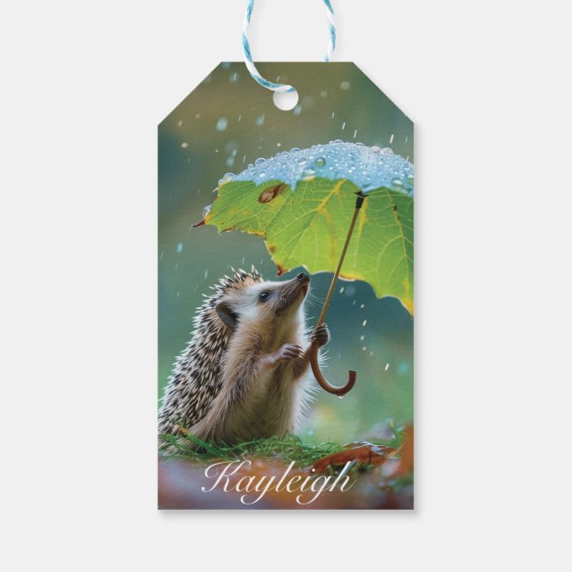 Niedlicher Igel mit einem Blattschirm Geschenkanhänger (Rückseite)