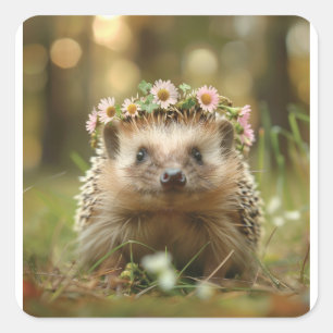 Niedlicher Igel mit einer Krone von Blume Quadratischer Aufkleber