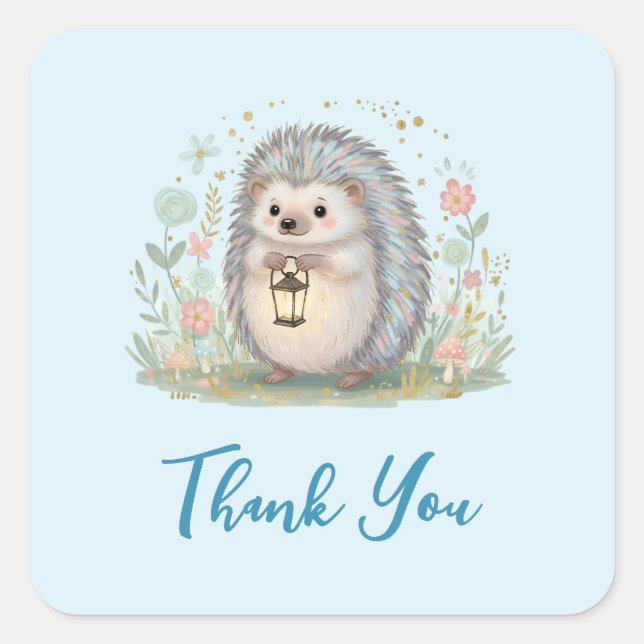 Niedlicher Igel mit Laterne Danke Quadratischer Aufkleber (Vorderseite)