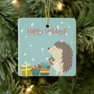 Niedlicher Igel mit Weihnachten der Geschenk-  Keramikornament