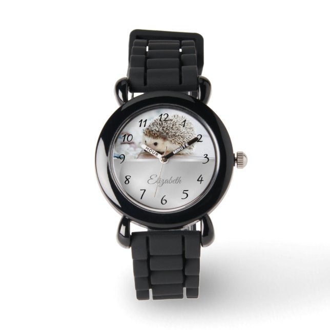 Niedlicher Igel Silberfolie Monogramm Armbanduhr (Vorderseite)