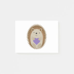 Niedlicher Igel umarmt ein Lila Herz Post-it Klebezettel