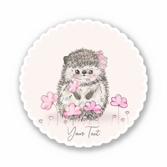 Niedlicher Igel und Blume Text rosa Aufkleber (Vorderseite)