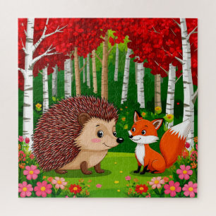 Niedlicher Igel und Fuchs in einem hellen Wald