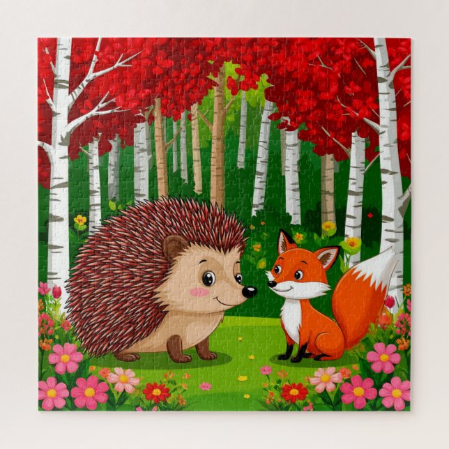 Niedlicher Igel und Fuchs in einem hellen Wald (Vertikal)