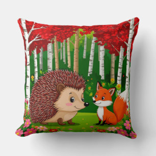 Niedlicher Igel und Fuchs in einem hellen Wald Kissen