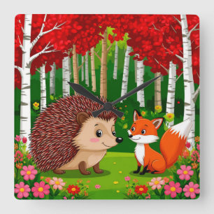 Niedlicher Igel und Fuchs in einem hellen Wald Quadratische Wanduhr