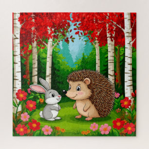 Niedlicher Igel und Hase in einem hellen Wald