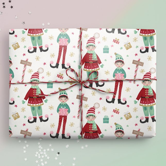 Niedlicher Illustrierter Weihnachtself Geschenkpapier (Christmas Elf wrapping paper mockup)