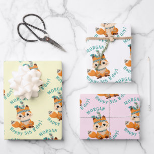 Niedlicher indischer Fox, Name & Geburtstag, 3 Far Geschenkpapier Set