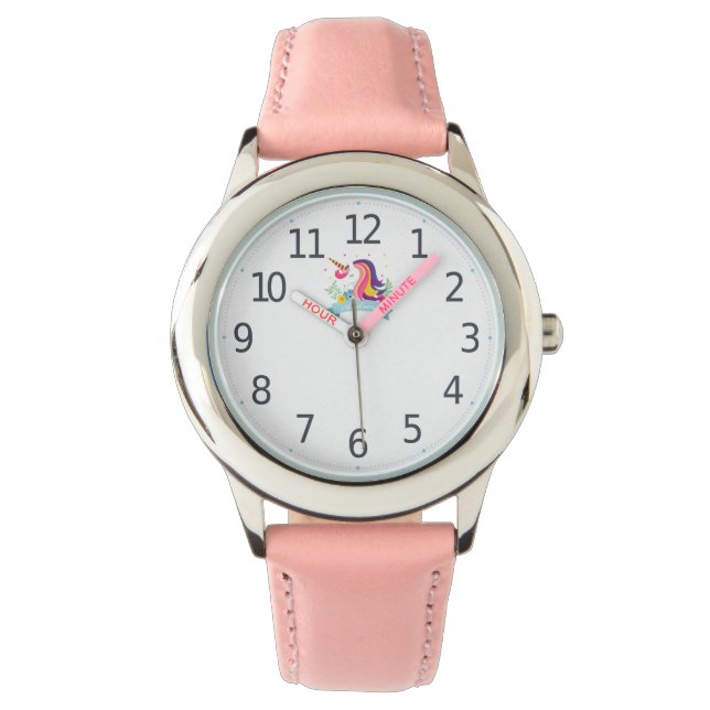 Niedlicher Individuelle Name Pink Unicorn Girl's W Armbanduhr (Vorderseite)
