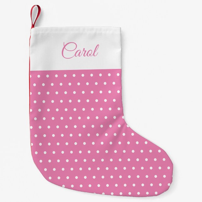 Niedlicher Individuelle Name Rosa und Weiße Polka  Kleiner Weihnachtsstrumpf (Vorderseite)