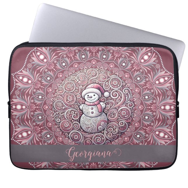Niedlicher Individuelle Name Whimsical Pink Snowma Laptopschutzhülle (Vorderseite)