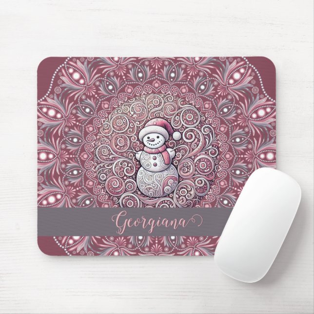 Niedlicher Individuelle Name Whimsical Pink Snowma Mousepad (Mit Mouse)