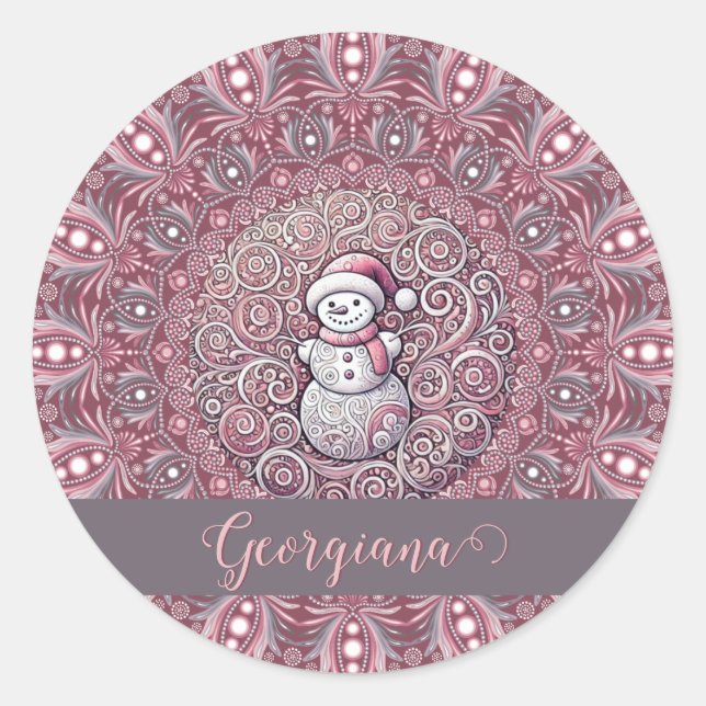 Niedlicher Individuelle Name Whimsical Pink Snowma Runder Aufkleber (Vorderseite)