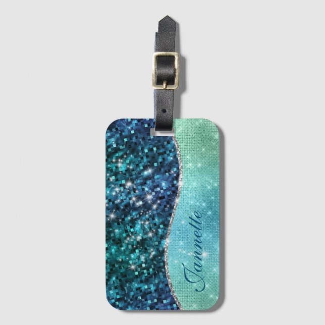 Niedlicher Iridescent Türkise Mermaid Imitate Glit Gepäckanhänger (Vorderseite Vertikal)