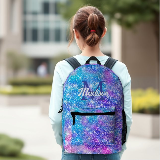 Niedlicher irisierender, unicorblau lila Glitzer Bedruckter Rucksack (Von Creator hochgeladen)