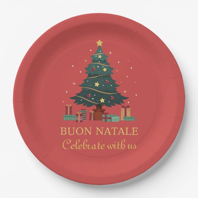 Niedlicher italienischer Buon Natale Custom Tree Pappteller (Vorderseite)