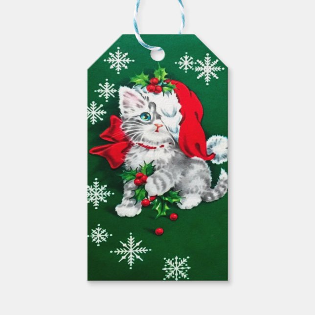 Niedlicher Jahrgang Weihnachten Kätzchen Weihnacht Geschenkanhänger (Vorderseite)