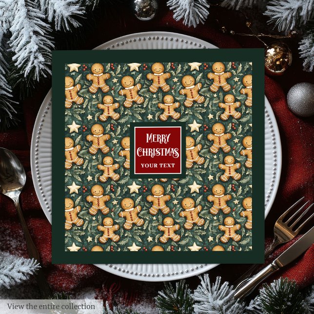 Niedlicher Jahrgang Weihnachtskuchen Mann tief grü Serviette (Cute vintage Christmas gingerbread man deep green Paper Dinner Napkins)