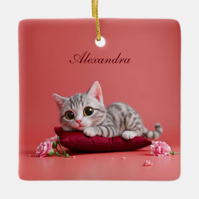 Niedlicher Januar Katze mit Nelken Keramikornament (Vorderseite)