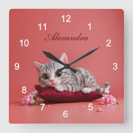 Niedlicher Januar Katze mit Nelken Quadratische Wanduhr